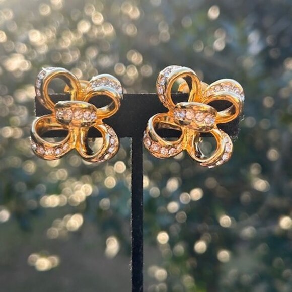 KJL Kenneth Jay Lane Gold Ribbon Bow Rhinestone EARRINGS - Picture 1 of 9